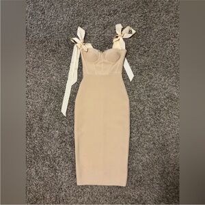 Windsor Cream Bodycon Midi Dress with Bow Straps